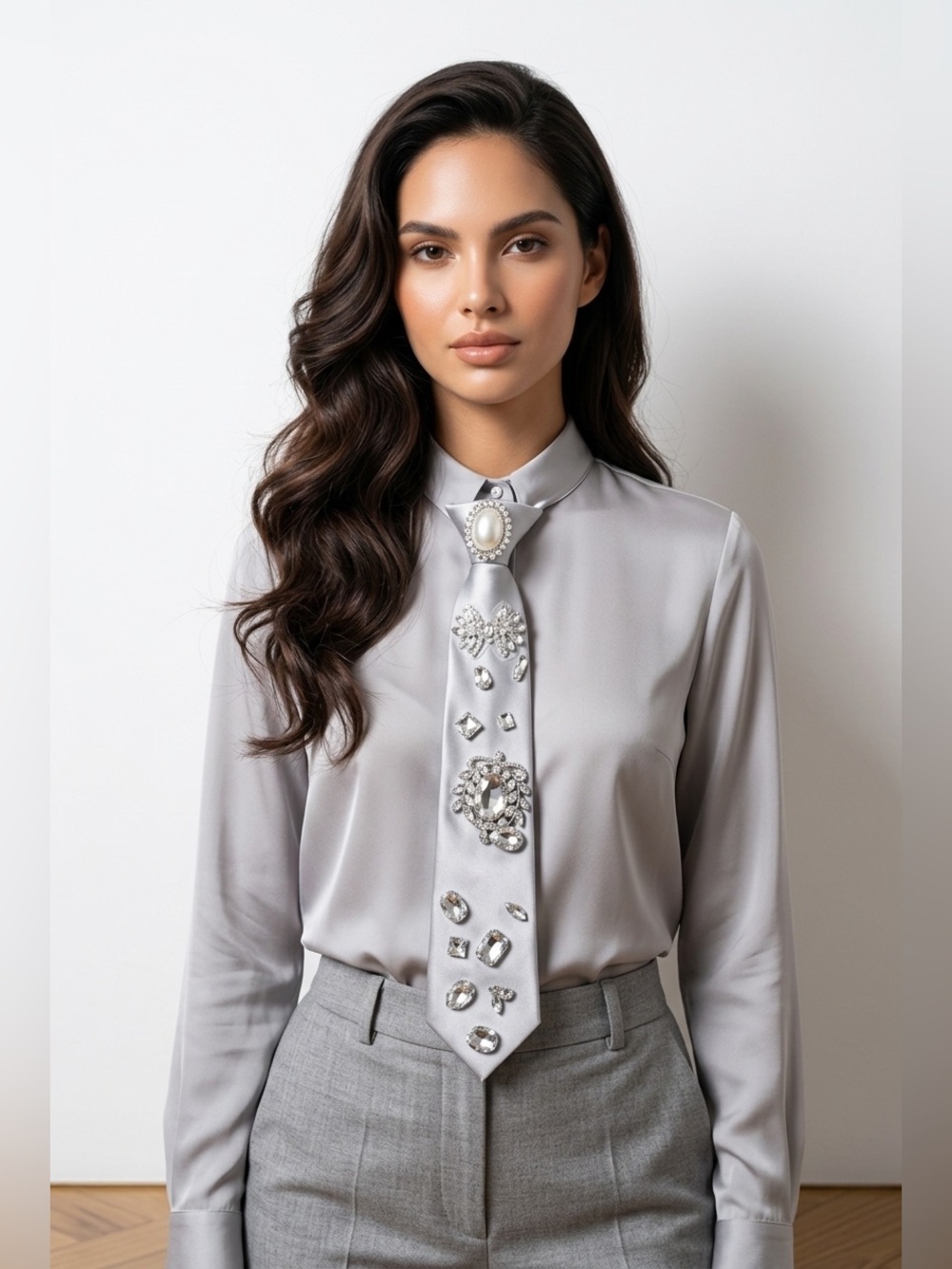 Upcycled Embellished Silver rhinestone clip accent ladies tie